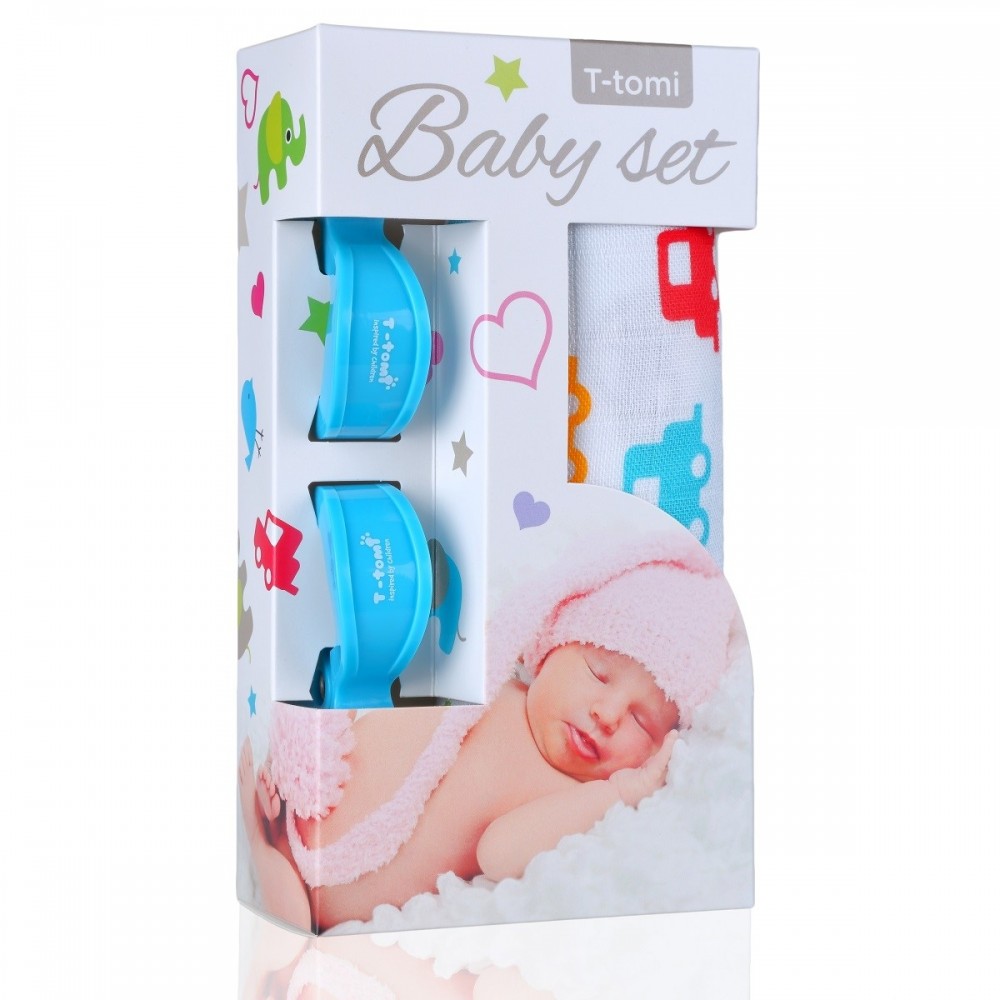 T-TOMI Baby set Bambusová osuška auta a kočárkový kolíček modrý 2 ks