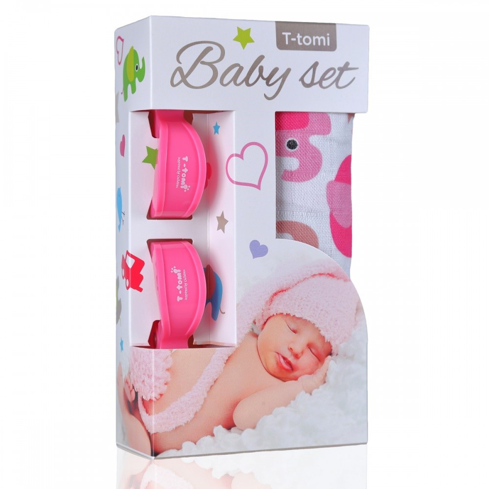 T-TOMI Baby set Bambusová osuška sloni a kočárkový kolíček růžový 2 ks